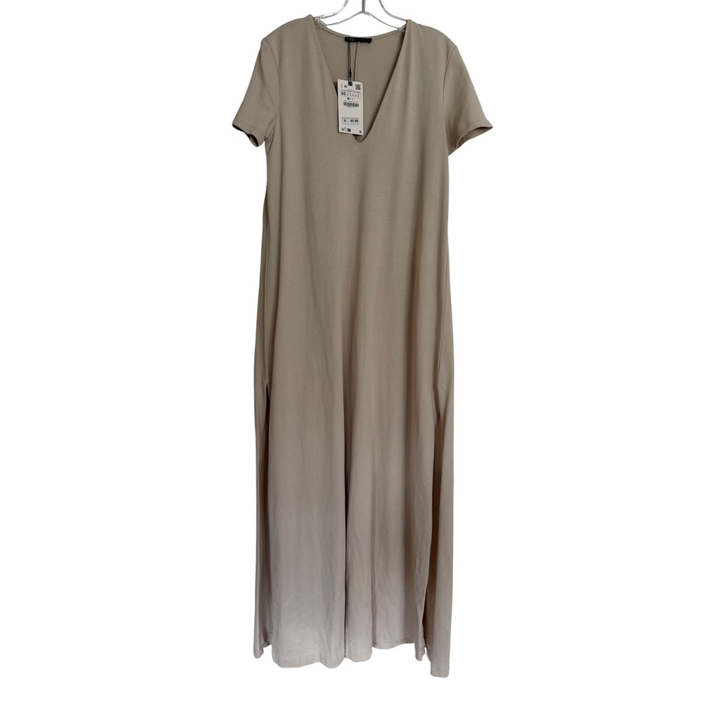 NWT Zara Minimalist V-Neck Maxi Dress Sand Beige XS 2335/631/711 - Picture 3 of 4
